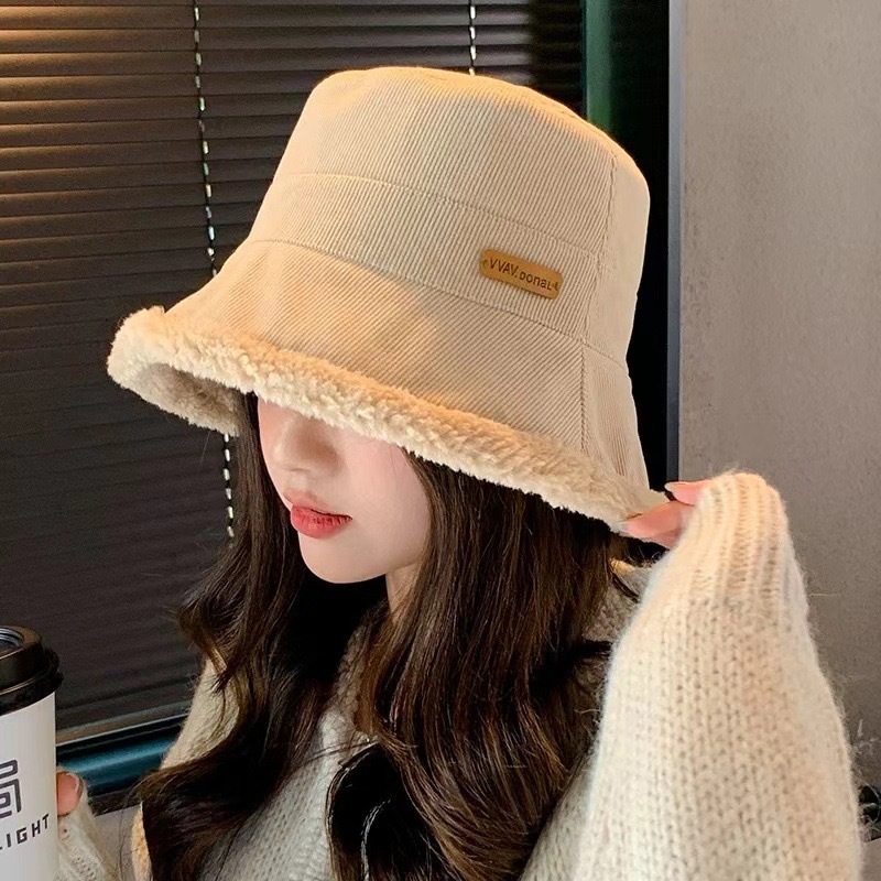 Lamb velvet double-sided fisherman hat-khaki