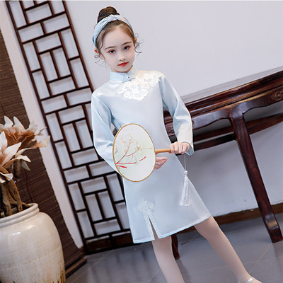 兒童旗袍 女童漢服2021春古裝旗袍連衣裙長袖中國風童裝節日表演