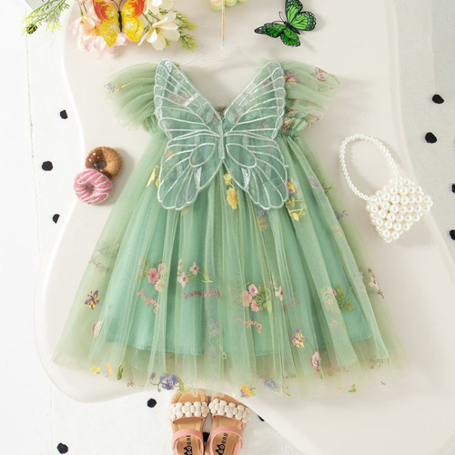 Korean-style girls' embroidered mesh dress for infants and toddlers, sleeveless spaghetti straps, butterfly children princess dress, trendy