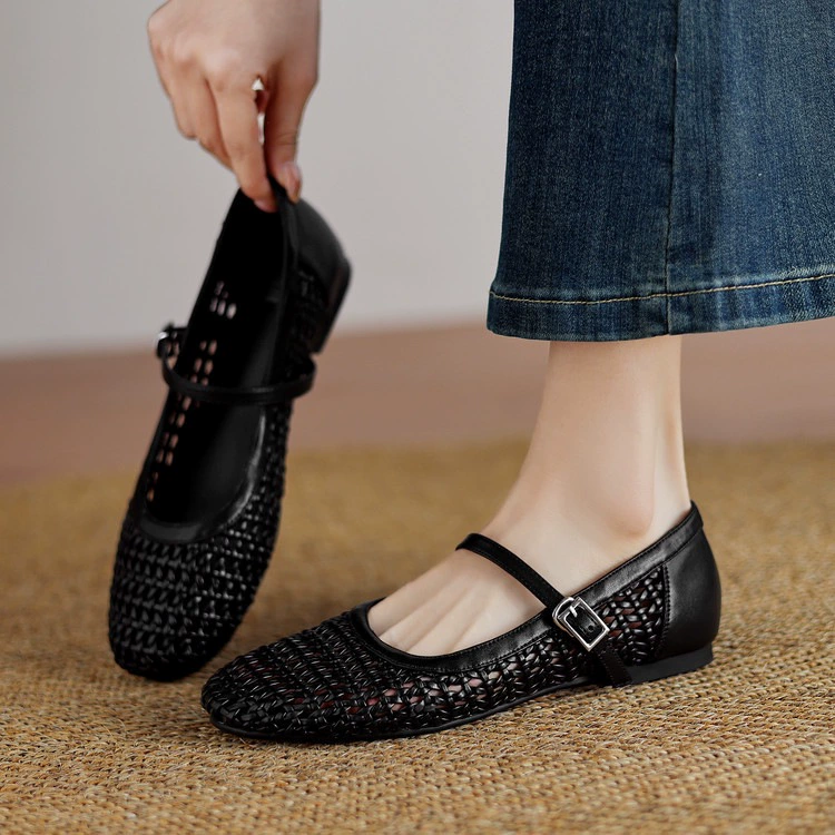 2025 новый летний стиль 1 см low heel полый переплет сетка обувь на одной пряжке серебристая плоская Mary Jane женские туфли