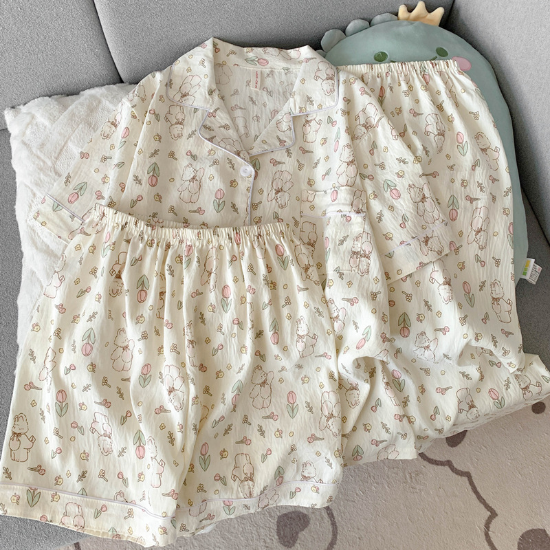 Tulip Rabbit Cloud Pure Cotton Yarn Pajamas Women's Summer Short-Sleeved Three-Piece Set Loose Cardigan Home Clothes Summer