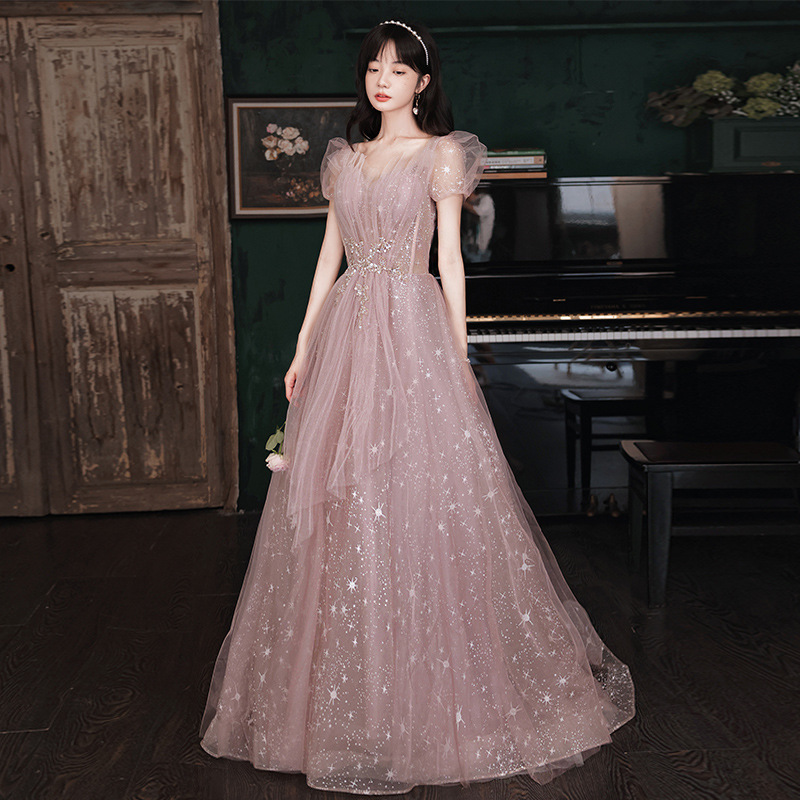 Vestido de noche con mangas abullonadas para mujer, nuevo estilo 2026, elegante, estilo bosque de hadas rosa, para fiesta, banquete, presentación.