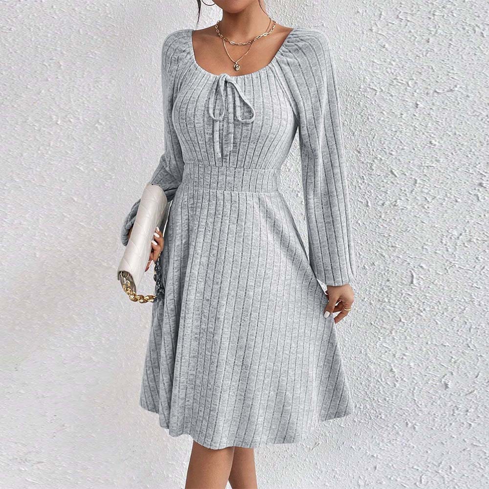 Womens Long Sleeve A Line Dress Square Neck Waist Tie Flared Hem Fall Winter Fashion Wholesale Available