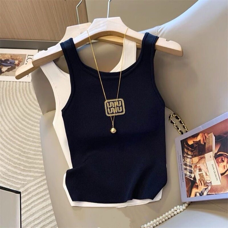 Tweed Style Letter Embroidered Short Camisole Knitted Slimming Look Summer Bottoming New Slim Sleeveless Top for Women