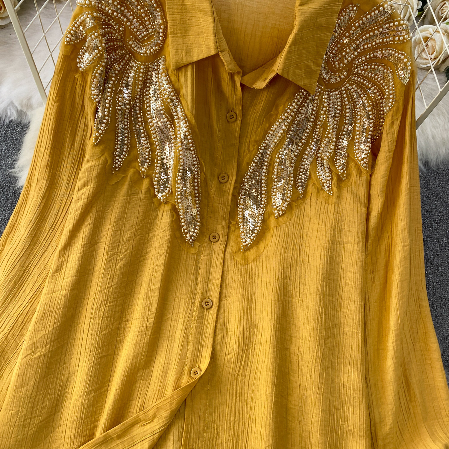 European Style Embroidered Pearl & Sequin Blouse With Mid-Length Skirt Set - Elegant Oversized Office Wear Two-Piece Outfit_ecoleips.com
