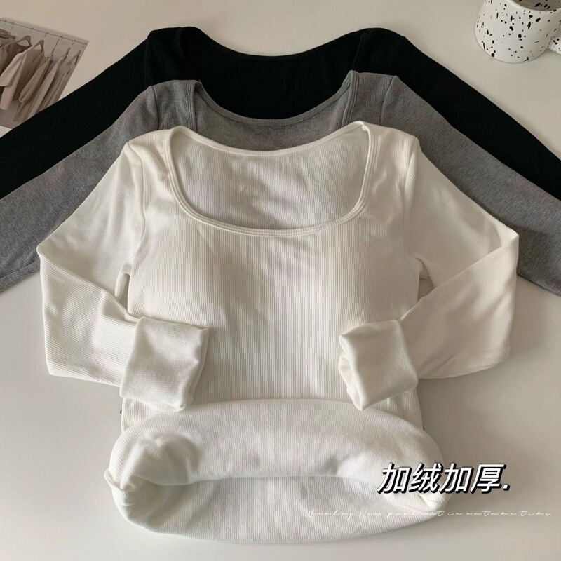Long-sleeved bottoming shirt with chest pad T-shirt women's autumn and winter interior sanding pure versatile exterior warm bottoming top