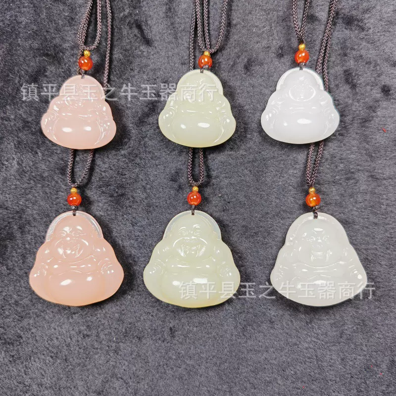 天然阿富汗玉佛公玉吊坠藕粉色弥勒佛挂件项链毛衣链直播货源批发