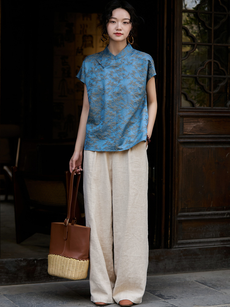 Áo kiểu nữ hè phong cách Trung Hoa, chất liệu jacquard hoa văn nổi, tay ngắn — màu xanh chi tiết 1