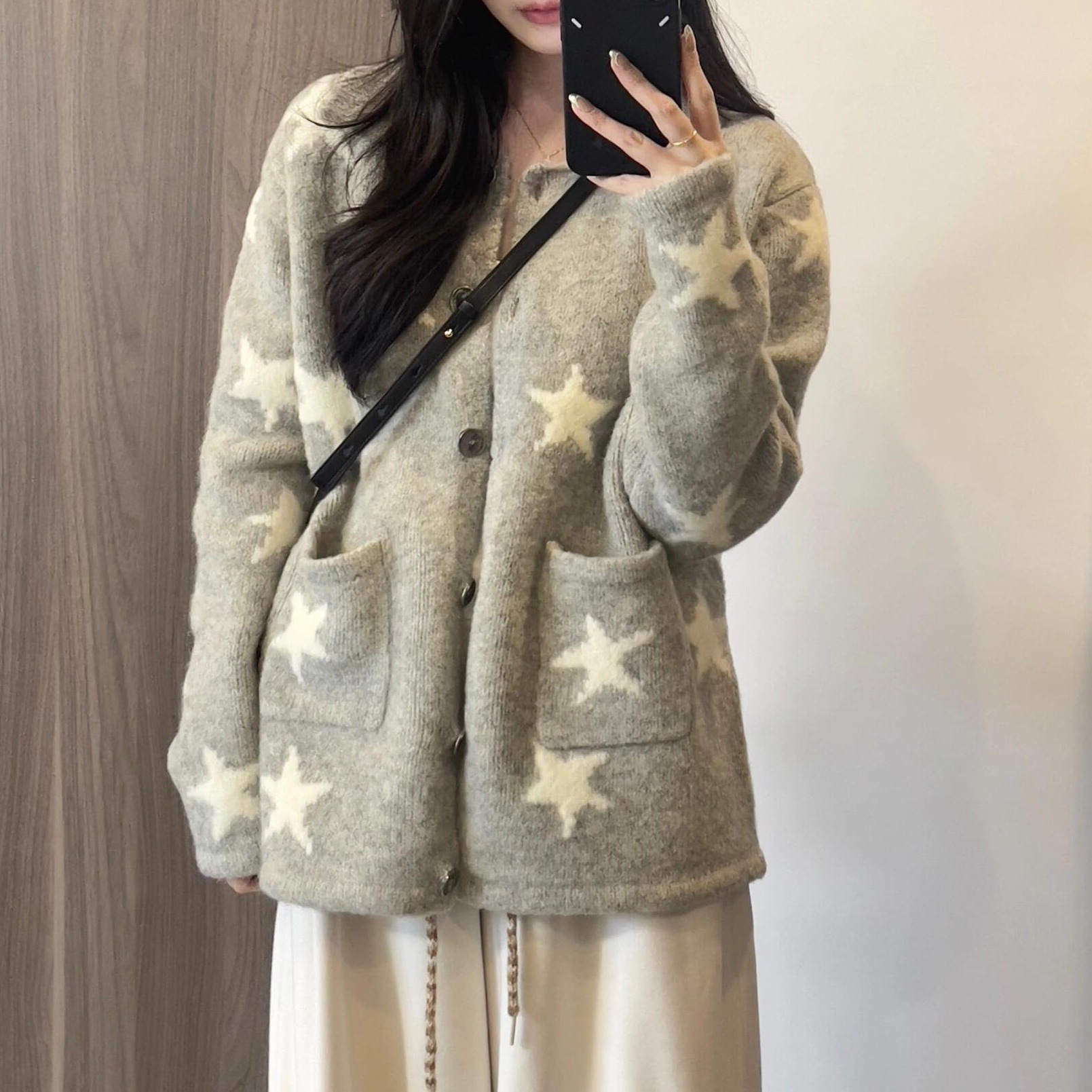 灰色星星毛衣外套女秋冬2025新款韩系慵懒风高级感针织开衫上衣