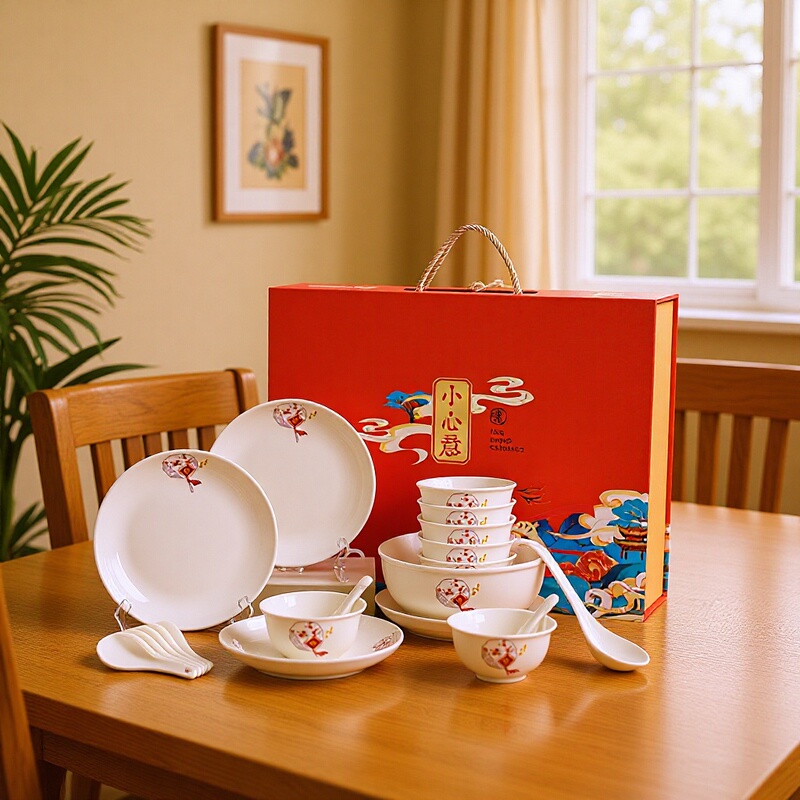 Logo Chinese Style Tableware Ceramic Gift Bowl Plate Spoon Chopstick Set Gift Box Promotion Employee Opening Bowl and Plate Bone China