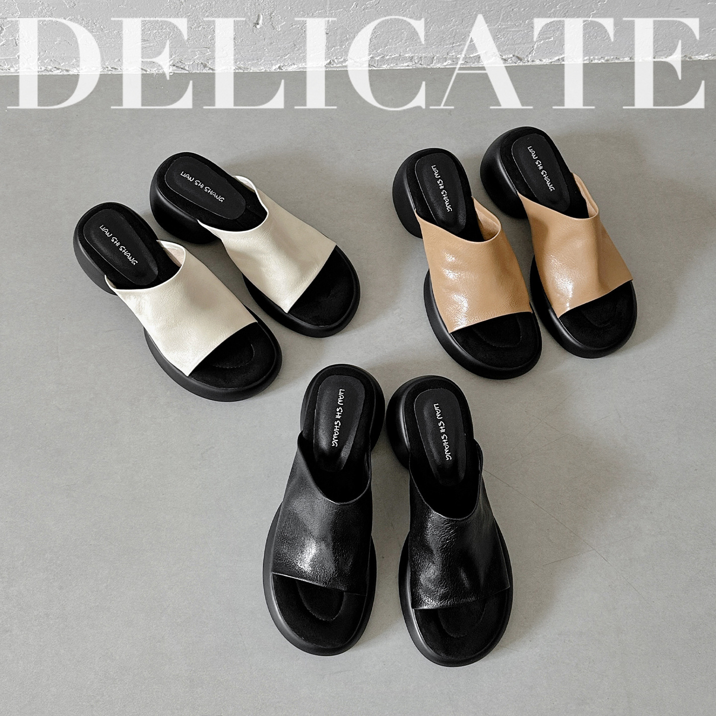Dép lê nữ da cừu đế dày 7 cm, sandal hở mũi tăng chiều cao — đen chi tiết 1