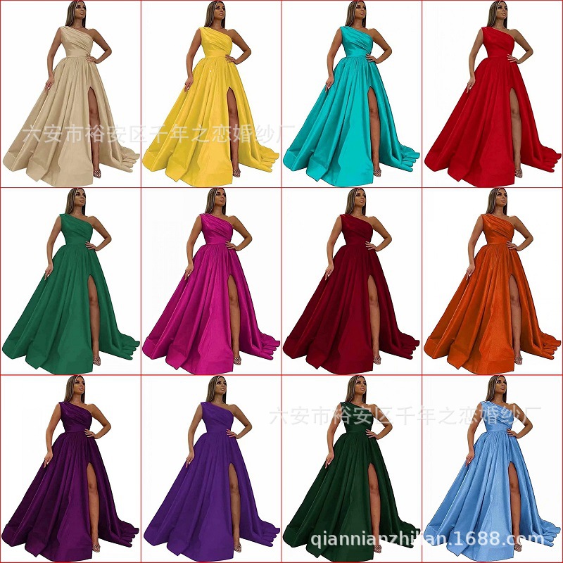 2022 wholesale Europe and America Foreign trade Amazon new pattern One shoulder Satin Cocktail Evening dress sexy Split ends