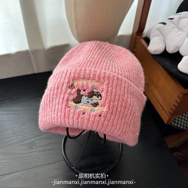卡通可爱刺绣滑板小狗针织帽子女秋冬季保暖百搭慵懒显脸小包头帽|undefined