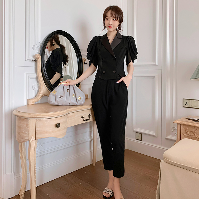Bộ trang phục nữ thần thon eo, phong cách thanh lịch trưởng thành, quần áo hai mảnh công sở mùa hè — Màu đen chi tiết 7