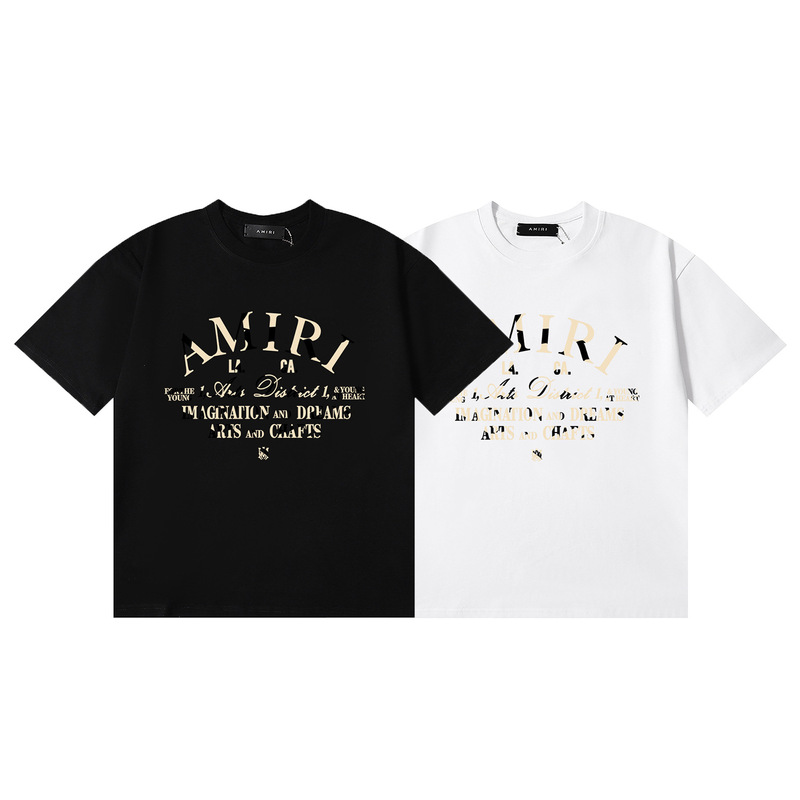 25 New Amiri Fashion Amiri Military Camouflage Slogan Printing High Weight Double Yarn Casual Short-Sleeved T-Shirt for Men