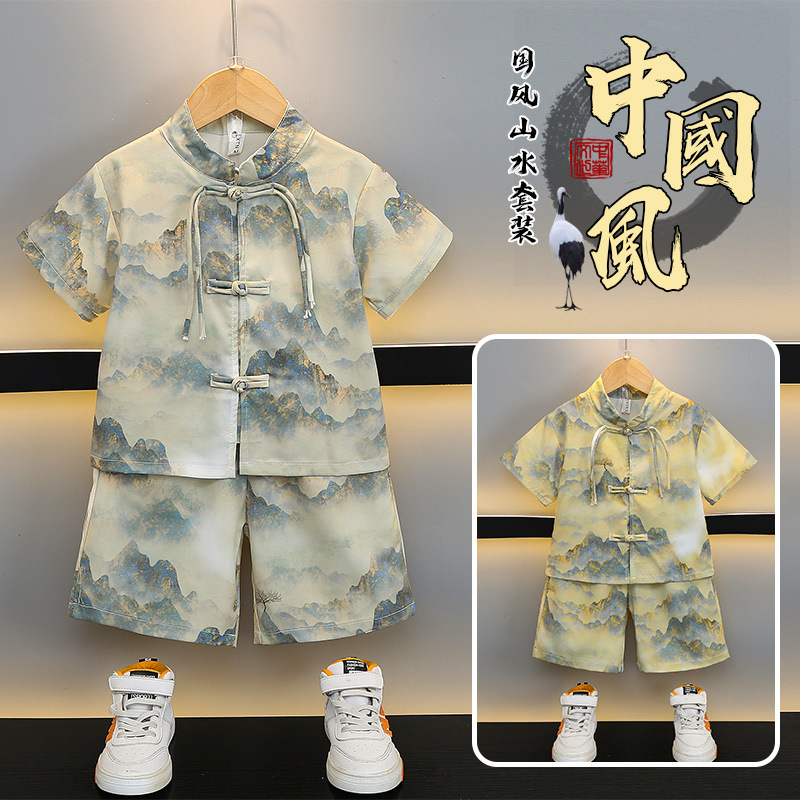 5005 nuevo traje de manga corta de verano para niños de estilo chino delgado 2025 nueva ropa para niños estilo de verano para bebés ropa de estilo nacional