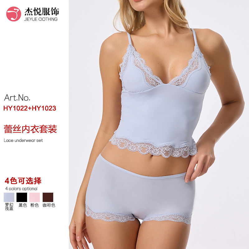 Cross-Border Sexy Lace Triangle Strap Boxer Lace Panties Women's Strap Bra Beautiful Back Lace Lingerie Set for Women