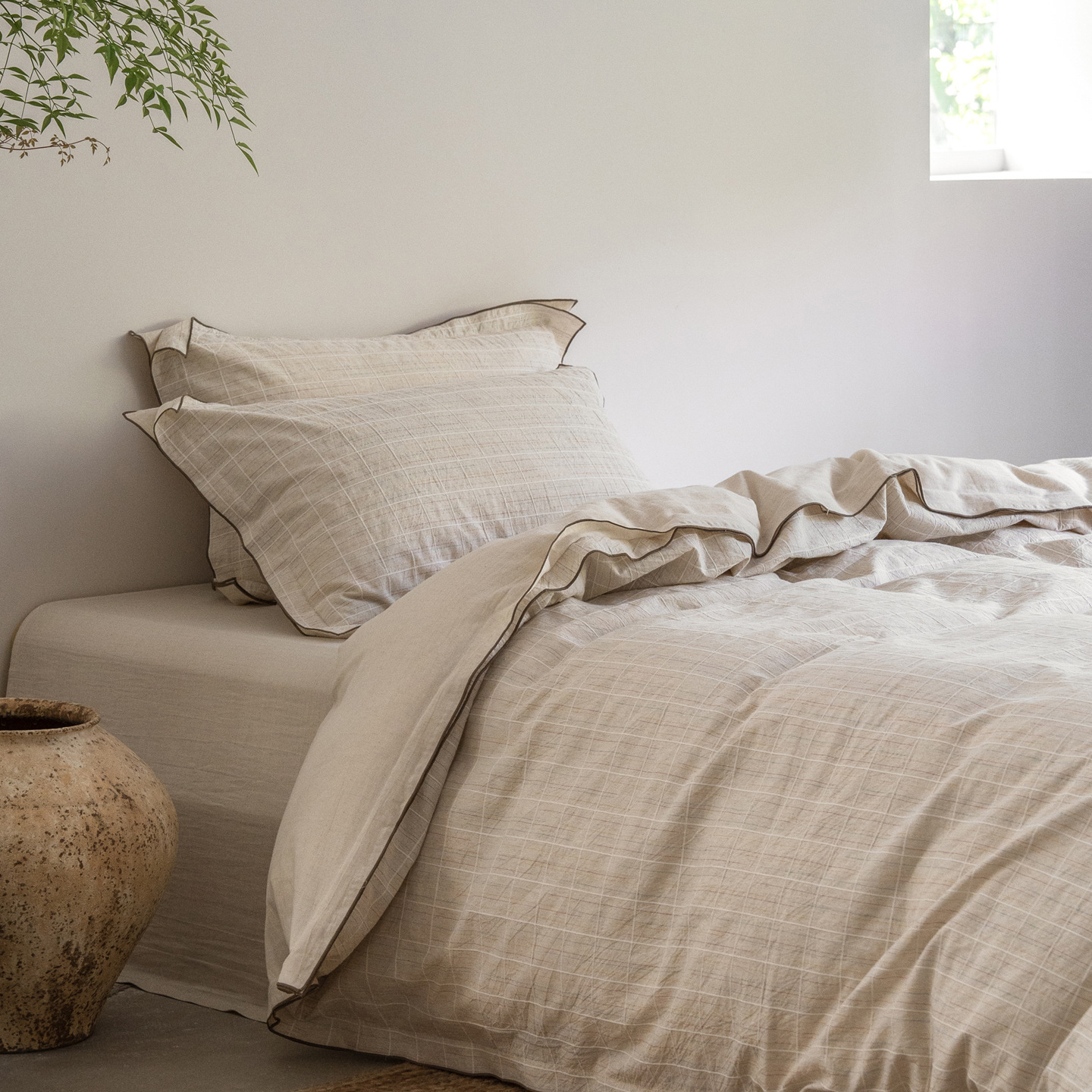 Parure de lit jacquard rustique en coton et lin style japonais_voghion.com