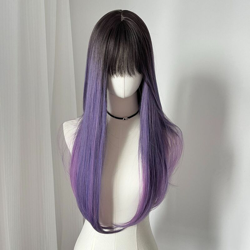 Wig for Women with Long Hair, Bangs, Long Straight Hair, Black Gradient Grape Purple, Whitening Atmosphere, Simulated Natural Full Headgear