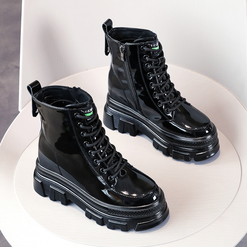 Boot nữ da sáng chế đế dày ống ngắn phong cách Anh — Màu đen