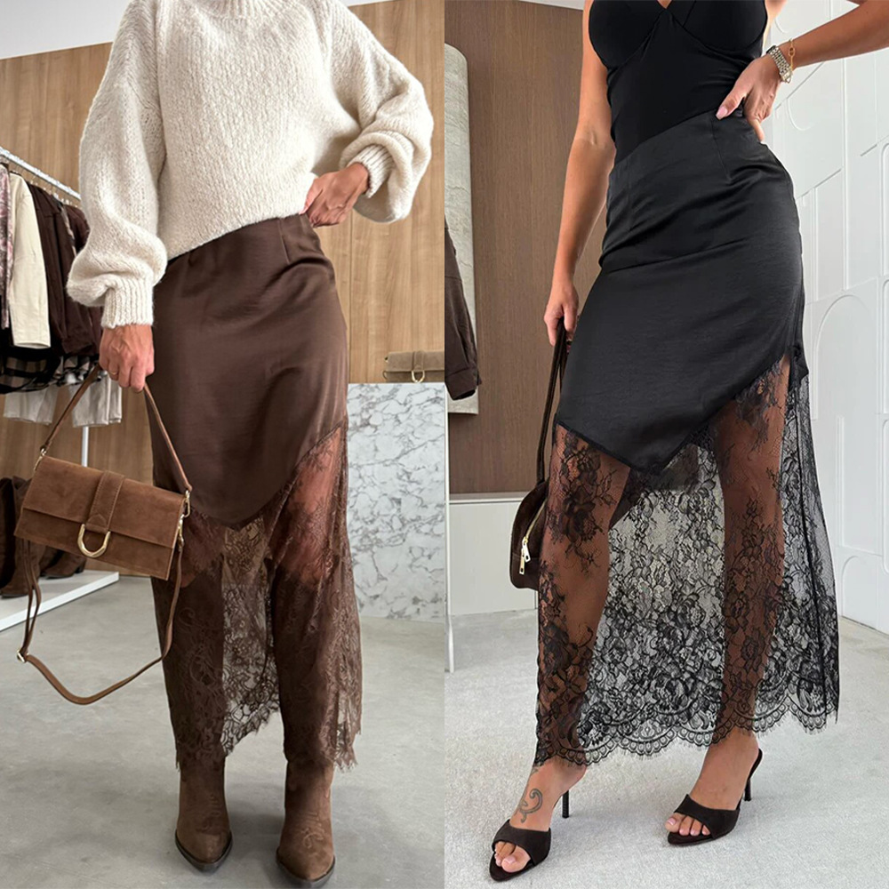 Cross-Border Amazon Independent Site European and American Fashion Satin Lace Splicing Fashion Irregular Hollow Skirt 8199