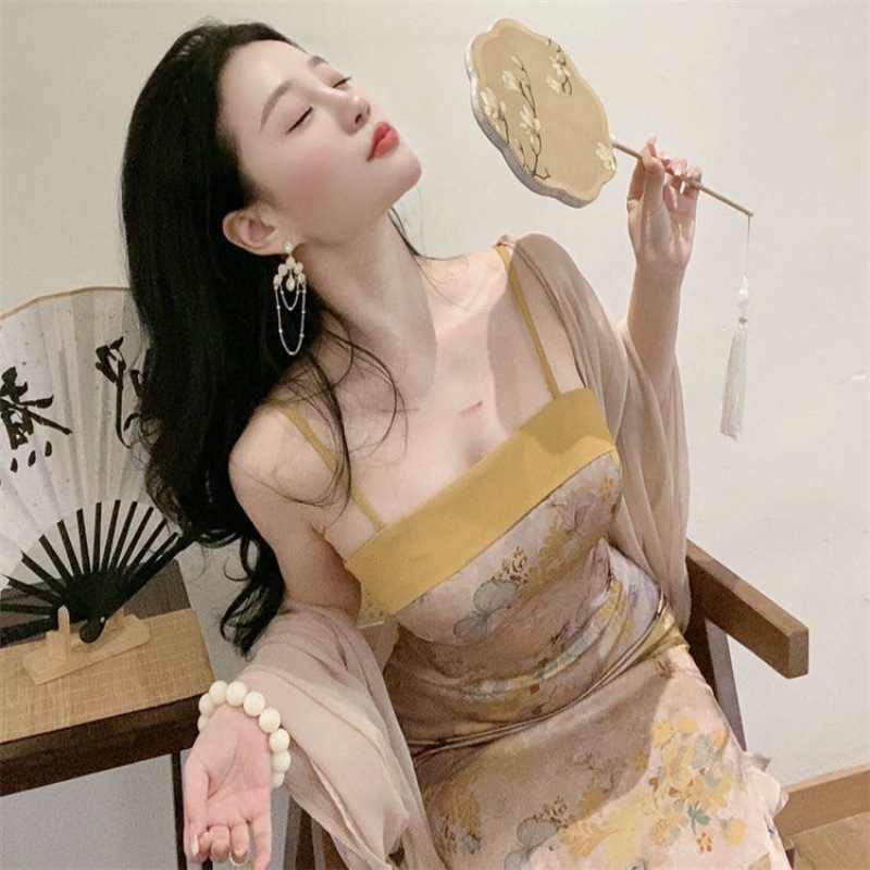 新しい中国式の改良花のワンピースの女性の春の大きいサイズの復古の気質は腰を収めてやせているスカートのカーディガンの2つのセットを現します。|undefined
