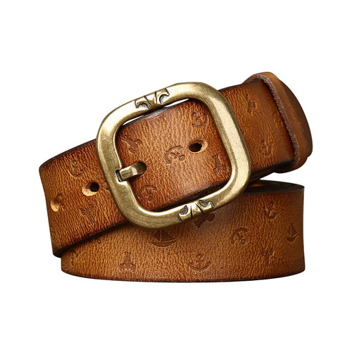 3.8CM wide new style Korean version personalized machine embossed vegetable tanned belt men's genuine leather pure cowhide pin buckle belt men's style