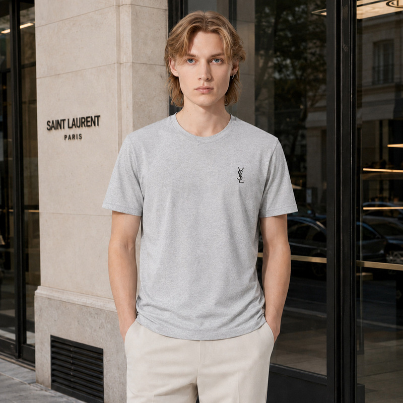 Cross-border men's embroidered solid color logo round-neck loose-fitting Saint Laurent pure cotton short-sleeve T-shirt, unisex trendy brand T-shirt Cross-border men's embroidered solid color logo round-neck loose-fitting Saint Laurent pure cotton short-sleeve T-shirt, unisex trendy brand T-shirt