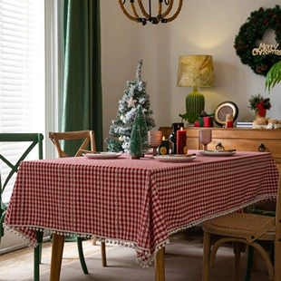 Rectangular tablecloth, cotton‑linen, dustproof red checkered decorative table mat, multiple sizes