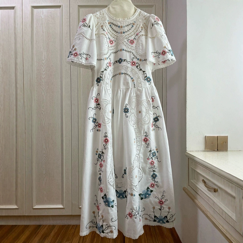 2025 Spring and Summer New York Urban Fairy Style Hollow Embroidery Linen Cotton Blend Long Dress Shenzhen Nanyou