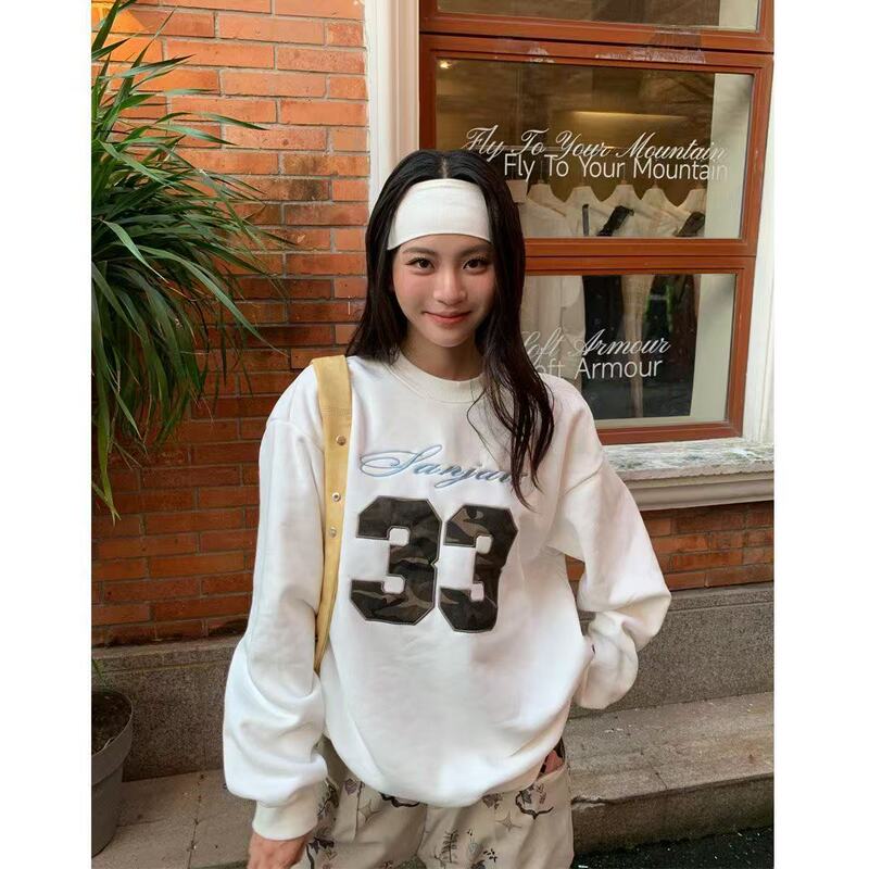 American Retro Digital Printed Round Neck Design Sweatshirt for Women in Autumn and Winter Korean Style Lazy Style Long-Sleeved Sports Top