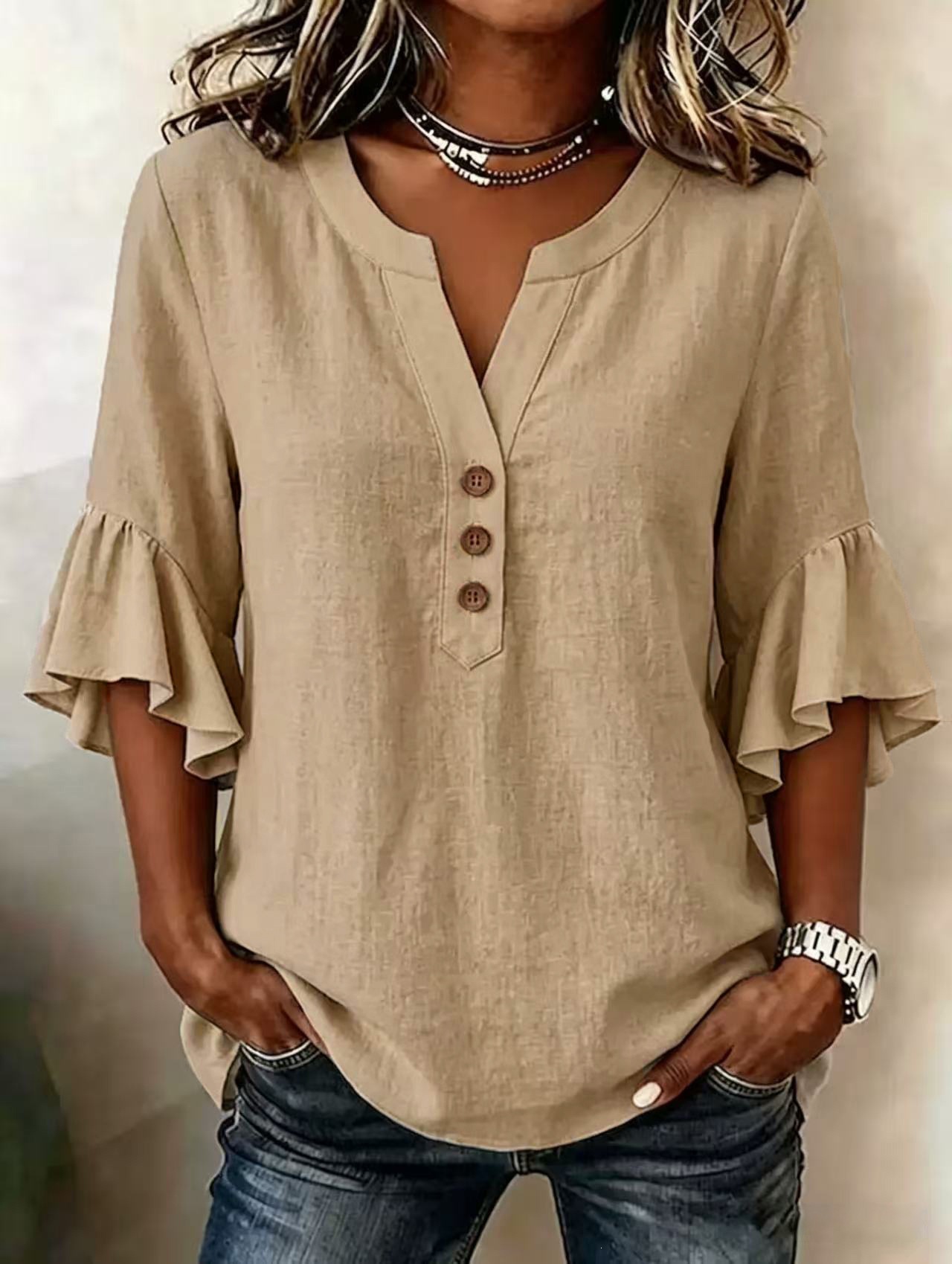 Women's Clothing Women's Solid Color V Neck Top Three Quarter Sleeve Ruffled Casual Cotton And Linen Blend For Formal & Casual For Women_ecoleips.com