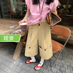Ouyang カフス付きクロップドパンツ女性の夏の新しいアメリカンレトロカジュアルパンツルーズワイドレッグパンツストレートパンツ