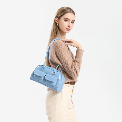 New Women's Fashion Niche Oil Waxed Leather Bowling Bag with Multiple Pockets Crossbody Bag Commute Shoulder Bag