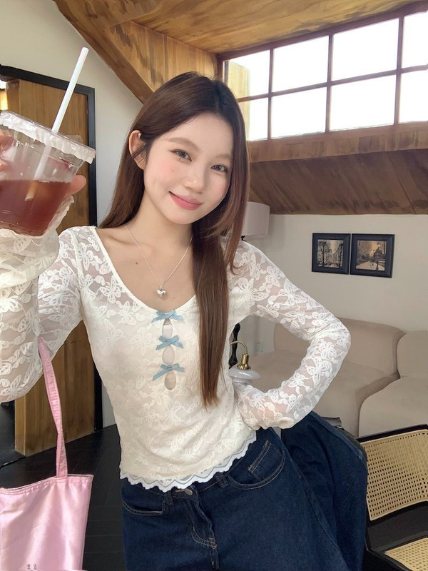 Lace rayon cotton pure lace bow hollow T-shirt with tube top strap short top two-piece top
