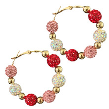 亚马逊货源钻球耳圈情人节礼物红粉白配色闪耀派对时尚水钻大耳圈