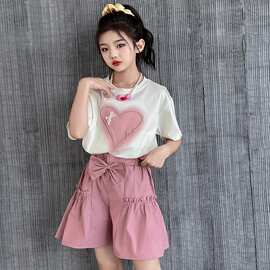 纯棉上衣女童夏装短袖套装2025新款洋气时髦t恤夏季短裤两件套