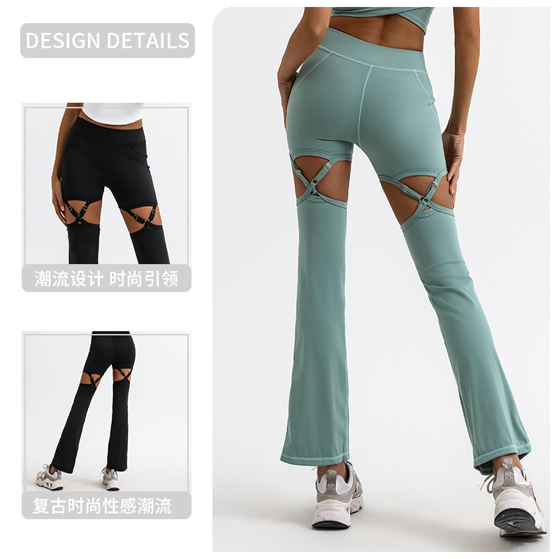 Pantalones de yoga transfronterizos de comercio exterior para mujeres sin vergüenza línea hueca con cordones personalizados de alta elasticidad de secado rápido deportes fitness pantalones acampanados