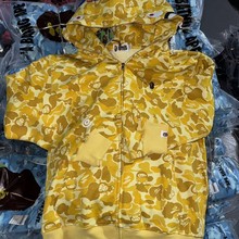 外贸天花板猴子刺绣潮牌鲨鱼头迷彩连帽短袖拉链卫衣休闲帽衫外