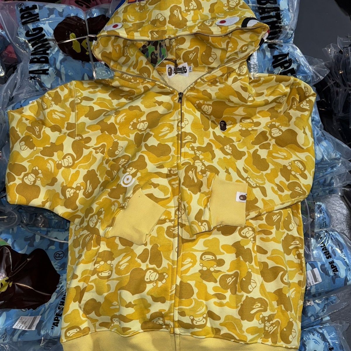 外贸天花板猴子刺绣潮牌鲨鱼头迷彩连帽短袖拉链卫衣休闲帽衫外