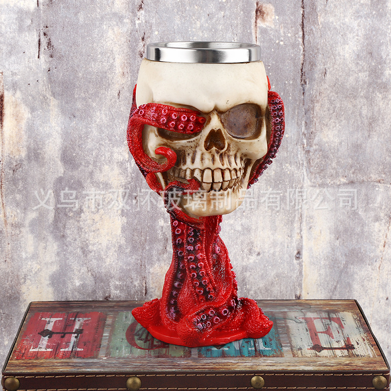 Taza de pie de pulpo rojo de Halloween transfronterizo 3D tridimensional alto pie cráneo pulpo resina de acero inoxidable copa de vino