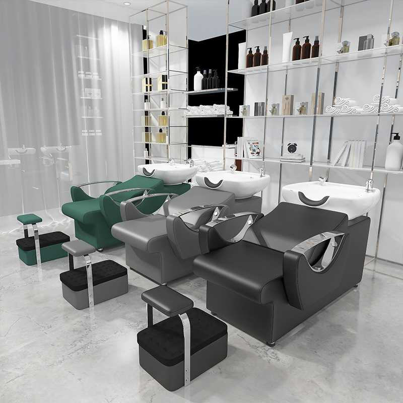 Barbería cama de lavado de cabello semi-recostada cama de lavado de cabello salón de peluquería lavabo de cerámica sillón con pedal cama de lavado de cabello de cuero
