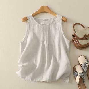 2025 Summer Versatile Striped Cotton Linen Camisole for Women, Spring/Summer Round Neck Pullover Ruched Rain Dew Linen Vest