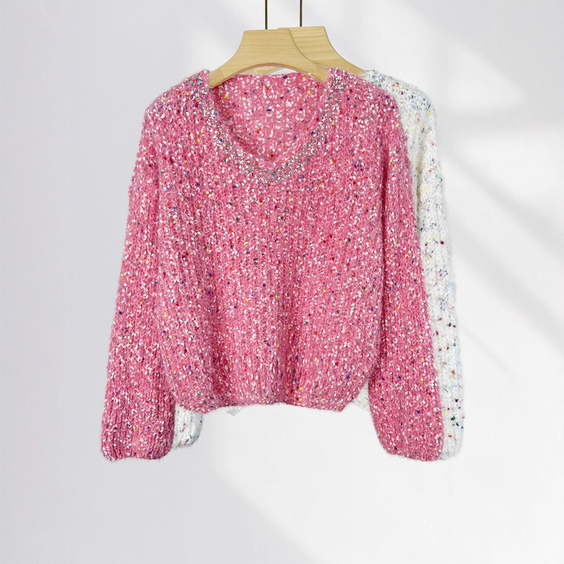 Thick and Soft Furry Pink Knitwear with Heavy-Duty Hot-Drilled V Neck Loose Pullover Long-Sleeved Knitwear for Women