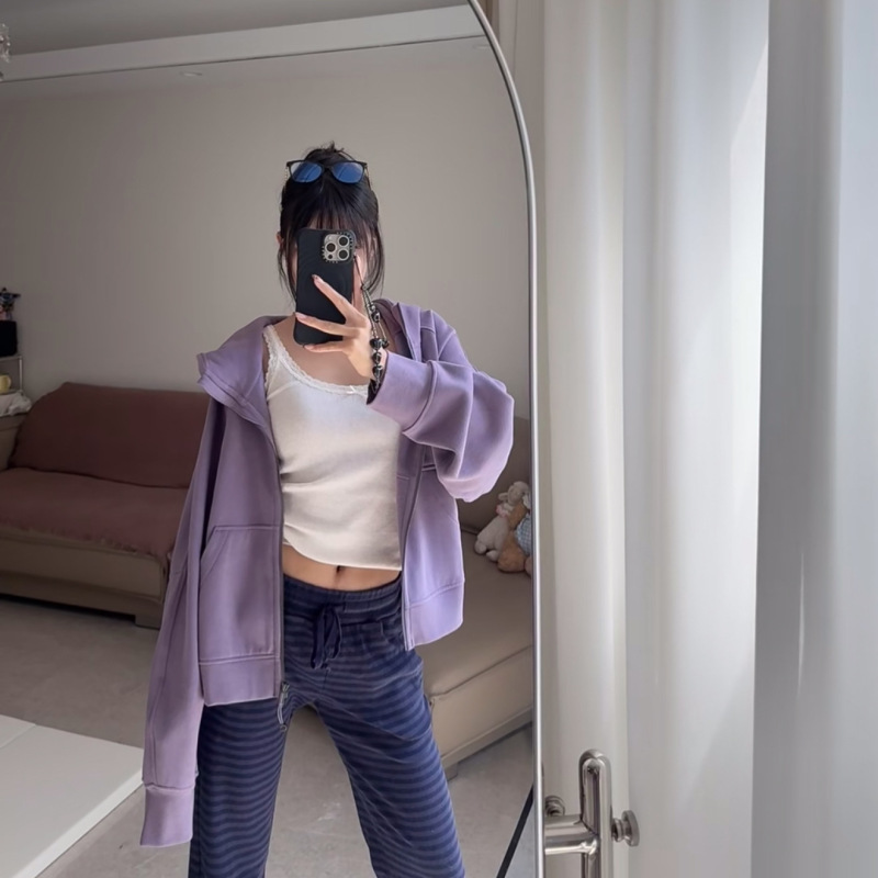 Lulu's Same Style Original Label Scuba Full-Zip Fleece-Lined Loose Short Hooded Sweatshirt Jacket (All Images Are of the Actual Product)