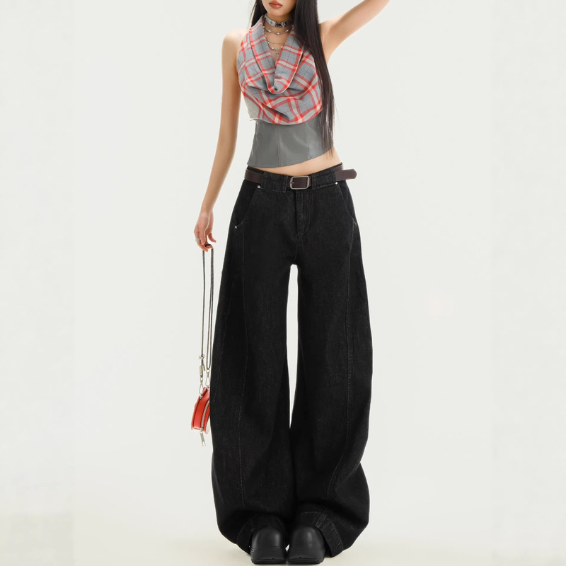 Spring New American-Style Curved Denim Jeans with Visible Stitching, Vintage Wide-Leg Jeans for Women, Straight Loose-Fitting Long Pants