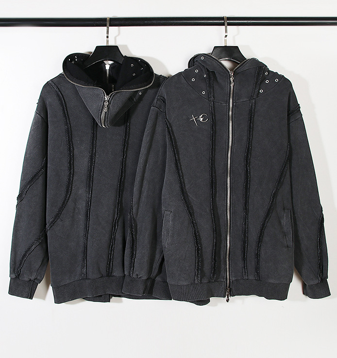 Herrenbekleidung, modischer, gewaschener Batik-Reißverschluss, Haifisch-Maske, Strickjacke mit Kapuze, lässige Großformatjacke_voghion.com