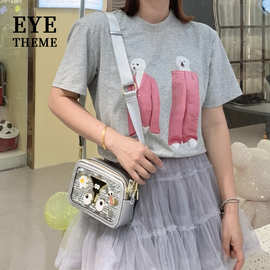 设计感小众定型珠片手机报银色印花可爱相机包袋迷你徽章潮2803#