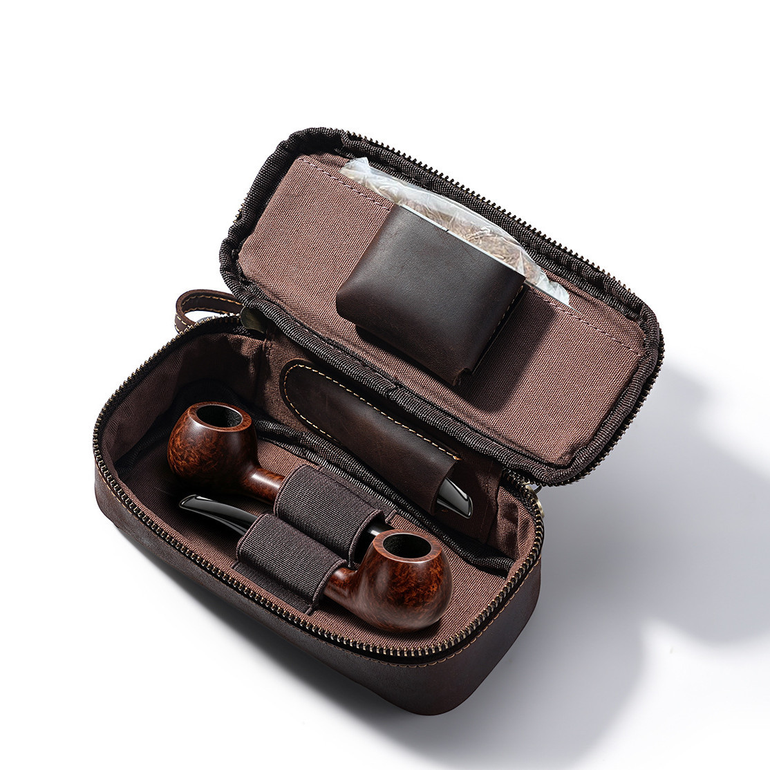 Vintage pipe and tobacco storage box with zipper, portable travel handheld pipe bag, wrist accessory storage bag, genuine leather.