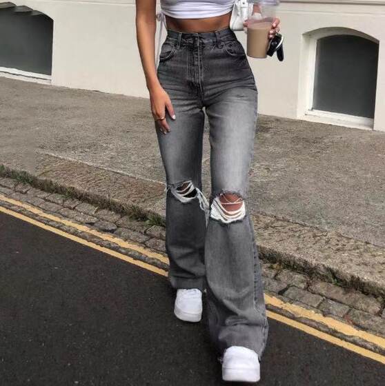 Independent station Europe and the United States cross-border foreign trade Factory Direct hole high waist straight tube wide leg mopping denim pants women